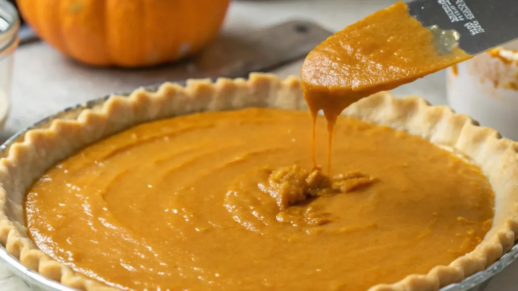 Pumpkin Pie Recipe with Coconut Milk You'll Love 4 A spatula pouring smooth pumpkin pie filling into an unbaked pie crust, with a fresh pumpkin in the background.