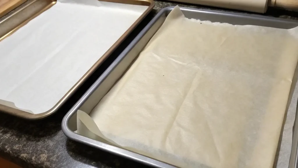Boneless chocolate chip cookies thrilling proven twist 2 Two baking sheets lined with parchment paper, ready for cookie dough to be placed on them.