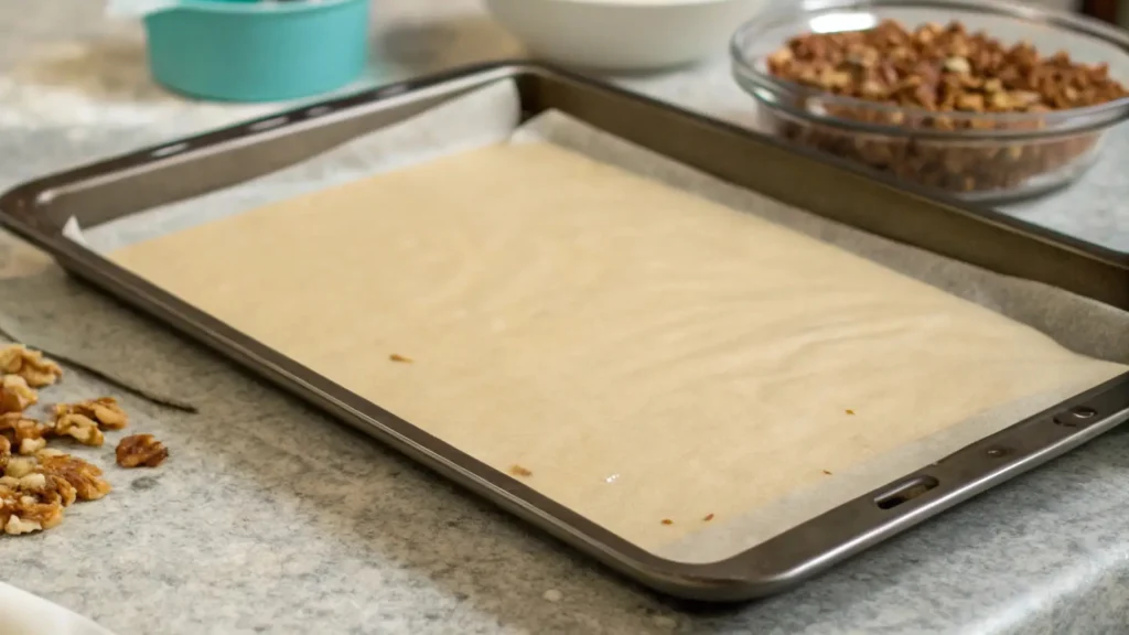 Pecan Pie Bark Irresistibly Tasty and Simple to Make 2 A baking sheet lined with parchment paper, ready for the next step in preparing pecan pie bark, with scattered pecans and kitchen tools in the background.