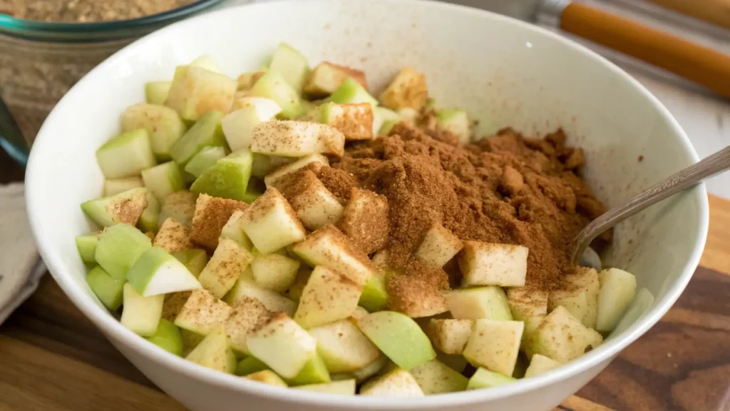 Apple Pie Biscuits: Unbelievably Good & Easy to Make 2 Diced Granny Smith apples with cinnamon and brown sugar ready to be mixed for apple pie biscuits filling.