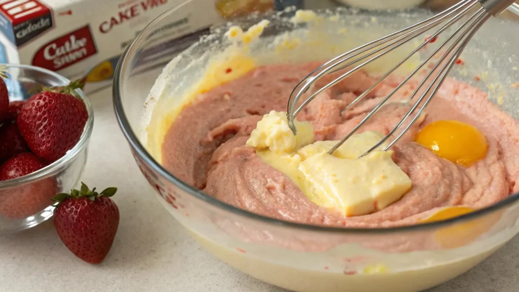 Strawberry Earthquake Cake A Sweet Sensation You’ll Love 2 A close-up shot of preparing the Strawberry Earthquake Cake batter. A hand is whisking butter and egg yolks into a bowl of strawberry cake batter, with fresh strawberries in the foreground.