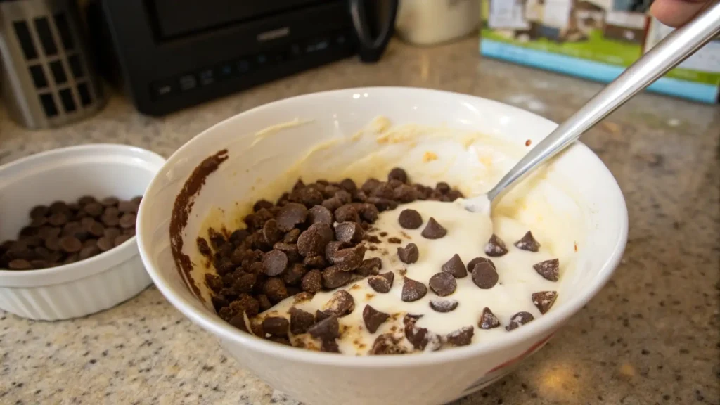 Chocolate Haupia Pie The Best Dessert You’ll Ever Taste 4 A bowl with a mixture of chocolate chips and a creamy filling, being stirred with a spoon. There’s a separate bowl of additional chocolate chips beside it on a countertop.