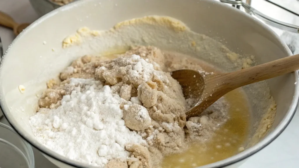 Blueberry Sourdough Bread You'll Love to Bake and Eat 2 Close-up of a mixing bowl with flour, brown sugar, and other dry ingredients being combined with melted butter. A wooden spoon is stirring the mixture, with flour and sugar scattered around the bowl.