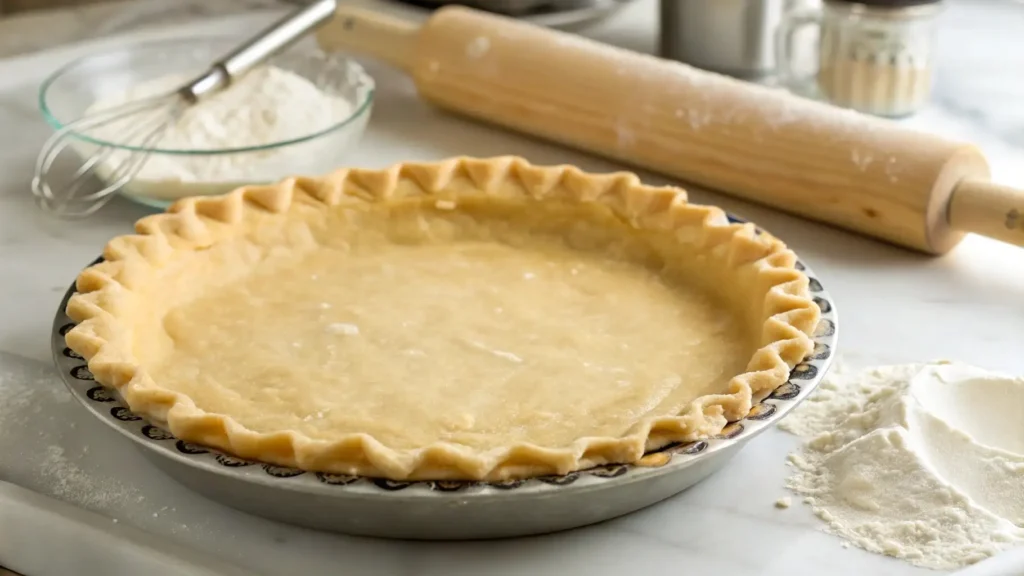 Pumpkin Pie Recipe with Coconut Milk You'll Love 2 A close-up view of a homemade pie crust in a pan, with a fluted edge, sitting on a marble countertop. Flour and a rolling pin are in the background.