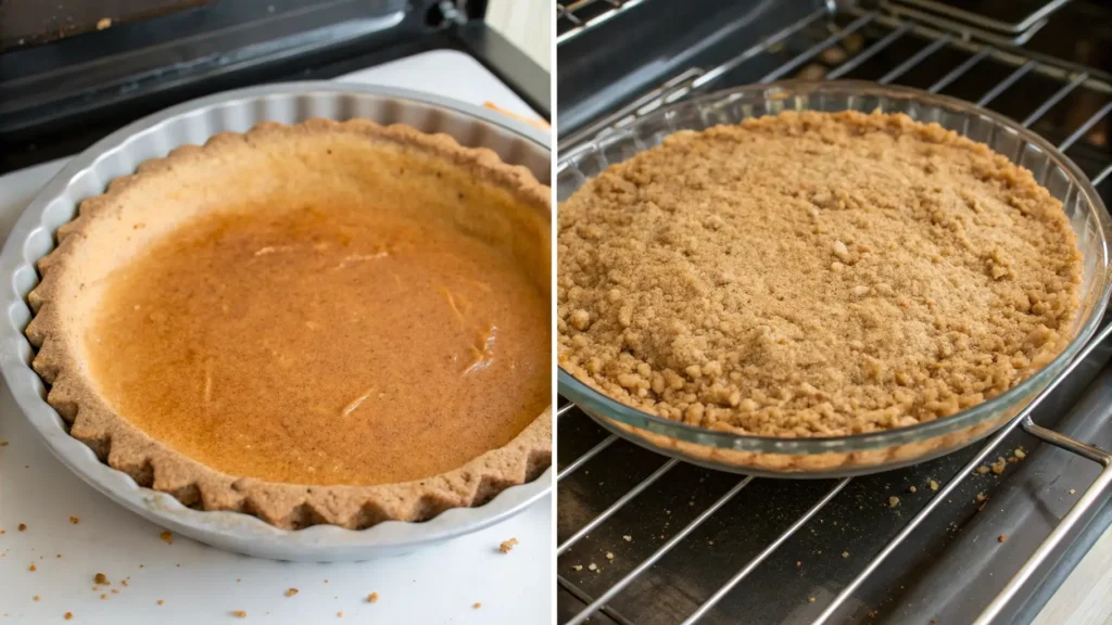 Chocolate Haupia Pie The Best Dessert You’ll Ever Taste 2 Two images showing the process of preparing a graham cracker pie crust. On the left, the crust is pre-baked and slightly golden. On the right, the crumbly mixture of graham cracker crust is ready to be baked.