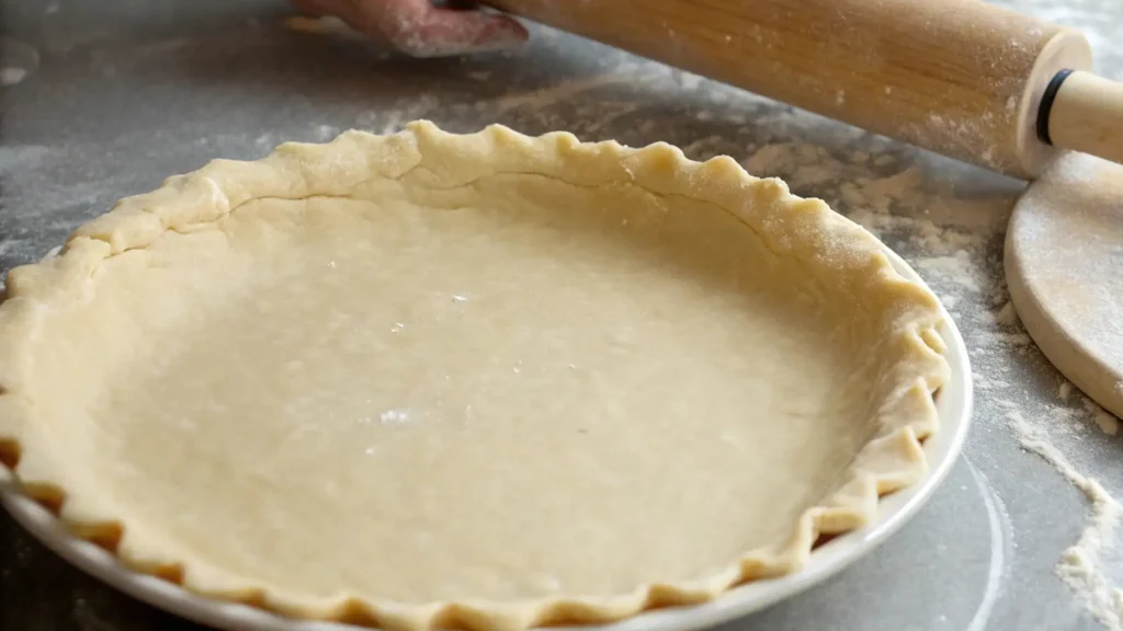 Apple Cherry Pie Love Epic Homemade Dessert Guide 3 Close-up of a partially prepared pie crust in a white dish. The edges are fluted, and the dough is rolled out on a lightly floured surface with a rolling pin in the background.