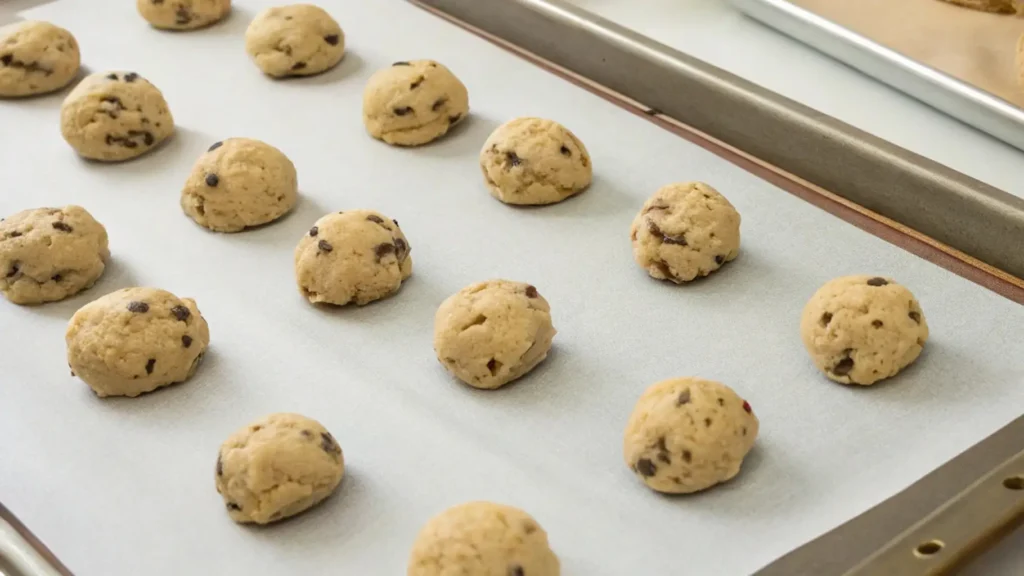 Boneless chocolate chip cookies thrilling proven twist 7 Cookie dough scoops arranged evenly on a parchment-lined baking sheet, ready to be baked into chocolate chip cookies.