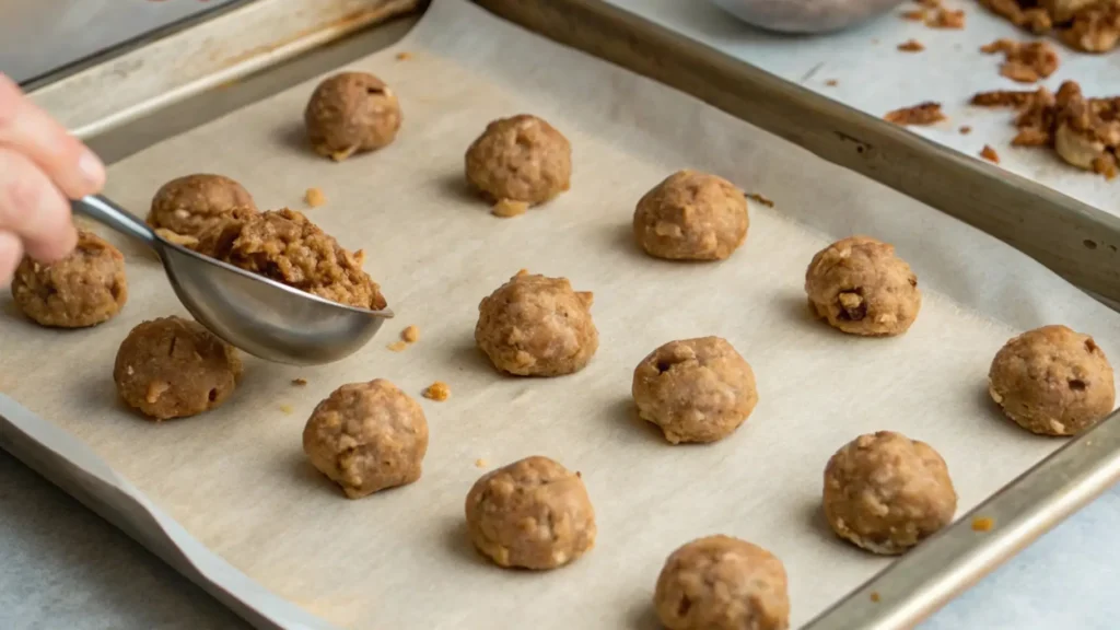 Pecan Pie Balls You’ll Fall in Love With 4 Shaping Pecan Pie Balls with a spoon and placing them on a parchment-lined baking sheet.