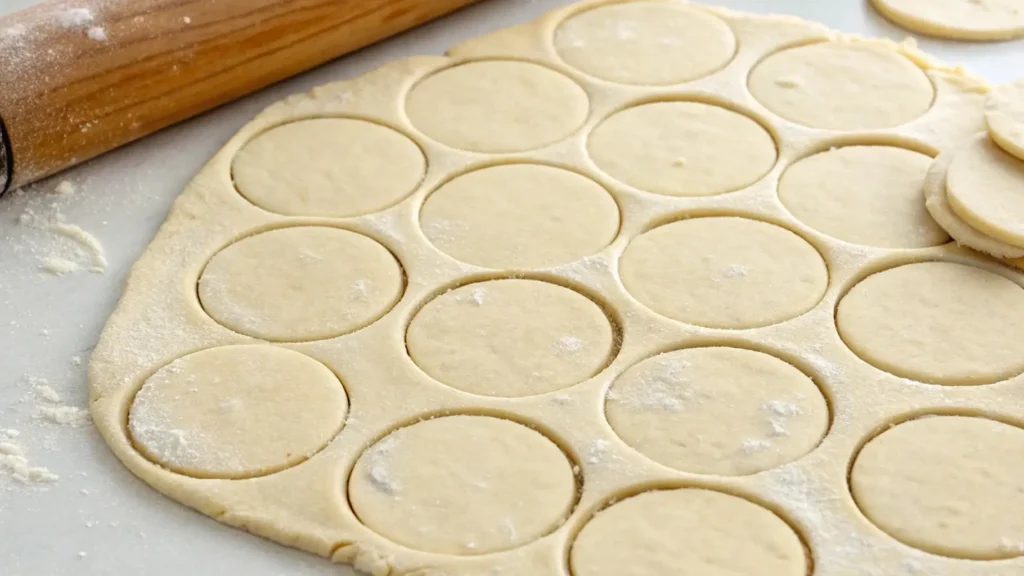 Apple Pie Biscuits: Unbelievably Good & Easy to Make 3 Rolled biscuit dough cut into circles, ready to be filled and baked.