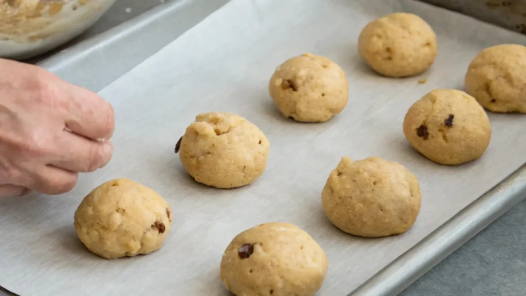Sourdough Sugar Cookies That Will Be Your New Favorite 4 A close-up image showing a hand shaping cookie dough into round balls on a parchment-lined baking sheet. The dough balls are uniform in size, ready for baking, with some having small cracks or slight imperfections on the surface.