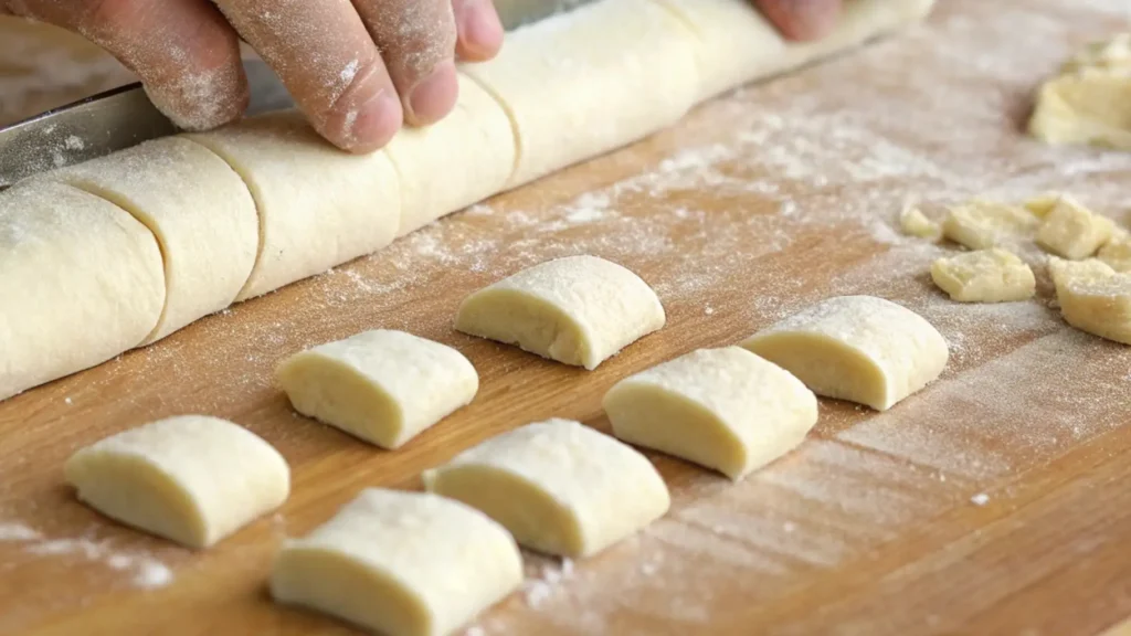 Sourdough Monkey Bread You’ll Crave Again and Again 2 A close-up of hands cutting dough into small, even pieces on a floured wooden countertop. The dough is shaped into a log, and each piece is neatly sliced into rectangular chunks, ready for the next steps in the recipe.
