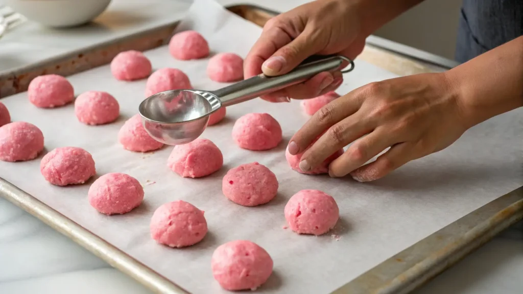 Pink Cookies: How to Make These Irresistibly Soft and Sweet 4 Shaping pink cookie dough into balls using a cookie scoop, with neatly arranged dough balls on a baking sheet lined with parchment paper.