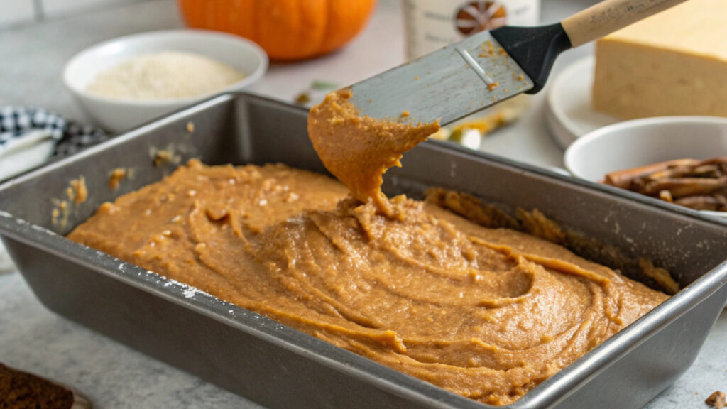 High Protein Pumpkin Bread: Your New Favorite Fall Recipe! 4 Transferring high-protein pumpkin bread batter into a loaf pan with a spatula, ready for baking.