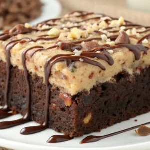 German Chocolate Poke Cake That Will Blow Your Mind 6 A close-up of a slice of German Chocolate Poke Cake with a rich coconut-pecan topping, drizzled with chocolate syrup, on a white plate.