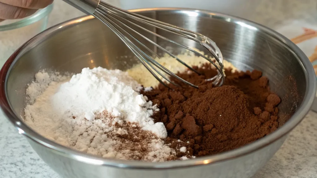 Chocolate Apple Cake That Will Make You Smile 3 A close-up of a whisk mixing dry ingredients, including flour, cocoa powder, and baking powder, in a stainless steel bowl.