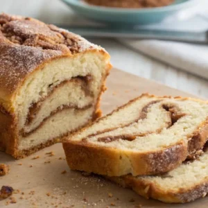 Amish Cinnamon Bread Comforting Treat You’ll Love 5 Slices of Amish cinnamon bread with a cinnamon swirl inside, resting on a wooden surface with crumbs around the loaf.