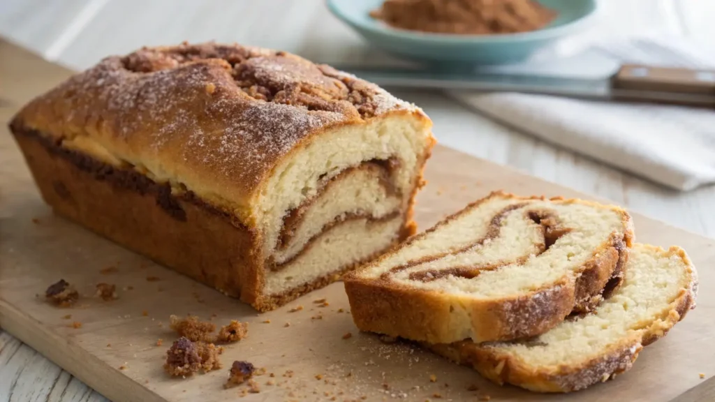 A loaf of freshly baked Amish cinnamon bread with a visible cinnamon swirl, sliced on a wooden cutting board, with cinnamon crumbs scattered around.