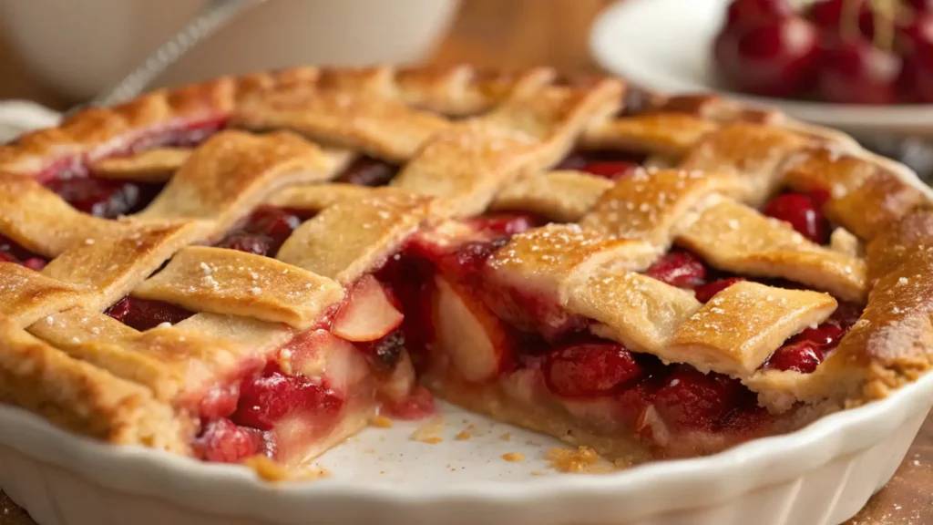 A freshly baked apple cherry pie with a golden lattice crust, showing the juicy filling of apples and cherries. A slice has been removed, revealing the vibrant, sweet-tart fruit inside. The crust is sprinkled with sugar, adding a shiny finish, and the pie rests on a wooden surface, with a bowl of fresh cherries in the blurred background.