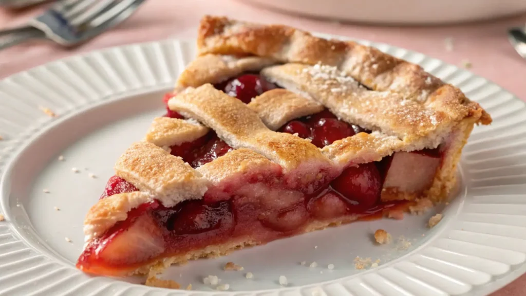 A slice of apple cherry pie with a golden lattice crust, showing vibrant red cherries and apple filling oozing slightly. The slice is served on a white porcelain plate with visible crumbs around the edge.