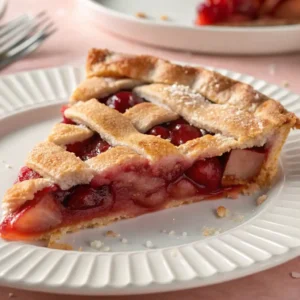 A close-up of a slice of apple cherry pie on a white plate. The lattice crust is golden and flaky, with visible sugar crystals, while the juicy filling of red cherries and apples oozes from the side. Crumbs and a small spill of fruit juices are visible on the plate.
