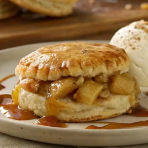 Close-up of a golden-brown apple pie biscuit filled with spiced apples, drizzled with caramel sauce, and served with vanilla ice cream.