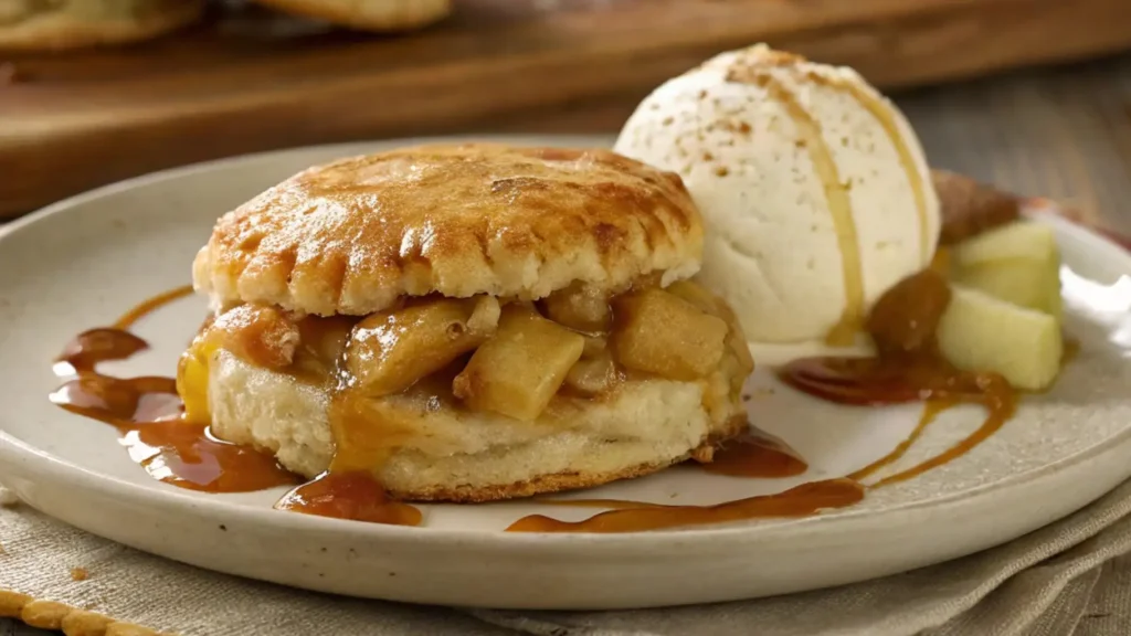 Freshly baked apple pie biscuits served with vanilla ice cream, caramel sauce, and fresh fruit slices.