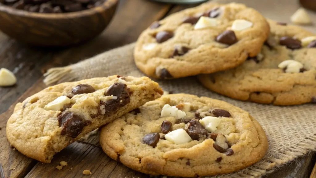Close-up of freshly baked black and white chocolate chip cookies, with visible chunks of dark and white chocolate.