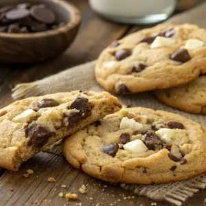 Freshly baked black and white chocolate chip cookies, with a bite taken out to reveal the soft, gooey center.