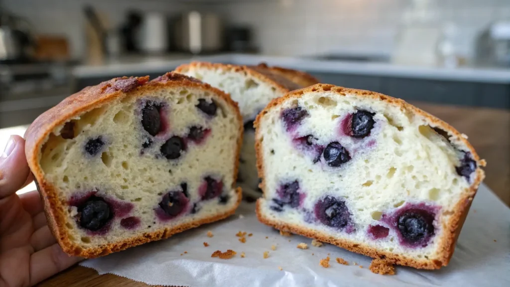 Sliced blueberry sourdough bread showing a soft, airy interior filled with blueberries. The bread has a golden-brown crust with a light, fluffy crumb.