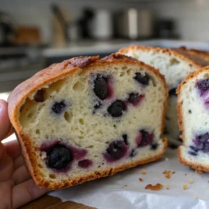 A slice of freshly baked blueberry sourdough bread held in hand, showcasing the soft, airy crumb filled with juicy blueberries. The golden-brown crust contrasts with the fluffy interior.