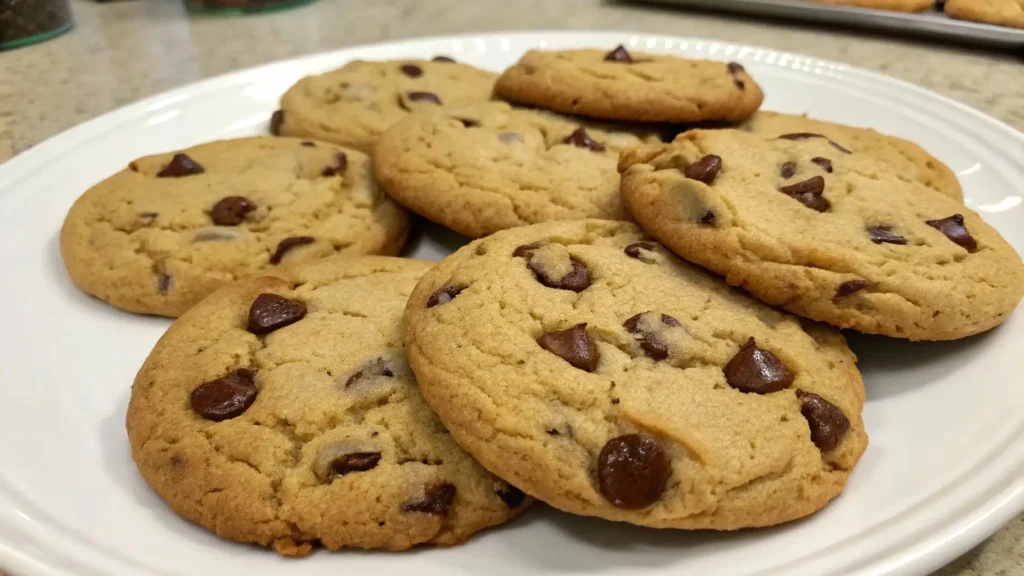 A plate of freshly baked boneless chocolate chip cookies with golden-brown edges and melted chocolate chips on top.
