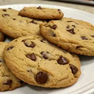 A plate of freshly baked boneless chocolate chip cookies, golden-brown with chocolate chips visible on top.