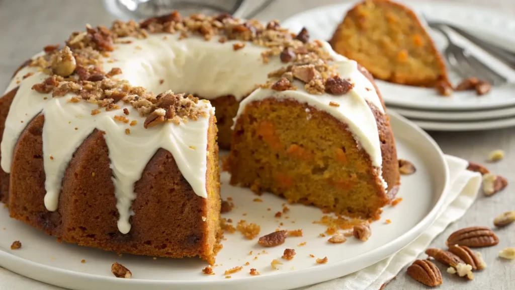 A freshly baked carrot bundt cake topped with creamy cream cheese frosting and chopped pecans, with a slice cut out showing the moist, orange-colored interior. The cake is placed on a white plate, and some pecans are scattered around the plate.