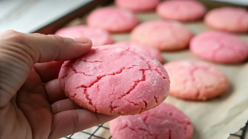 A hand holding a soft, pink cookie with a cracked texture, with several more cookies cooling on a wire rack in the background.