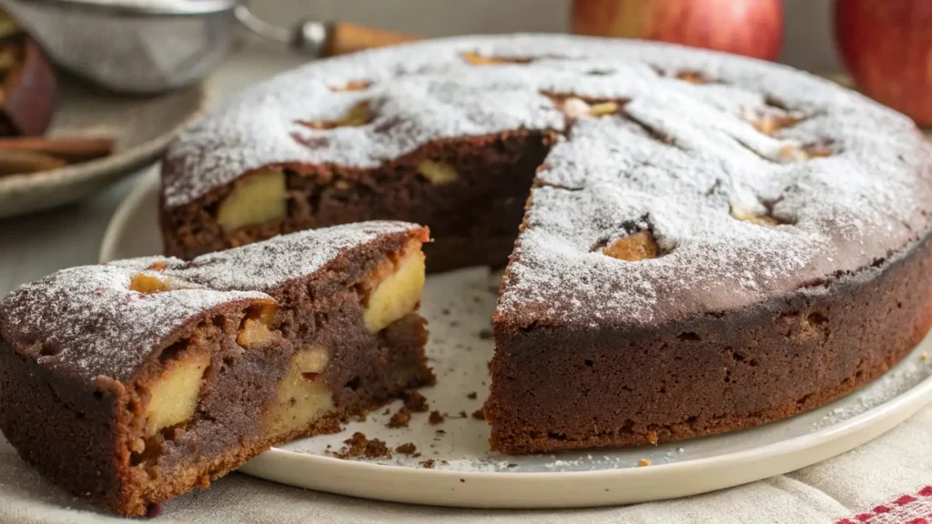  A freshly baked chocolate apple cake with powdered sugar on top, sliced to reveal its soft interior filled with apple chunks.