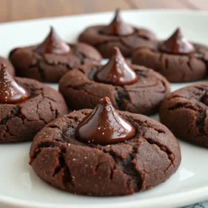 Close-up of chocolate blossom cookies topped with a Hershey's Kiss on a white plate.
