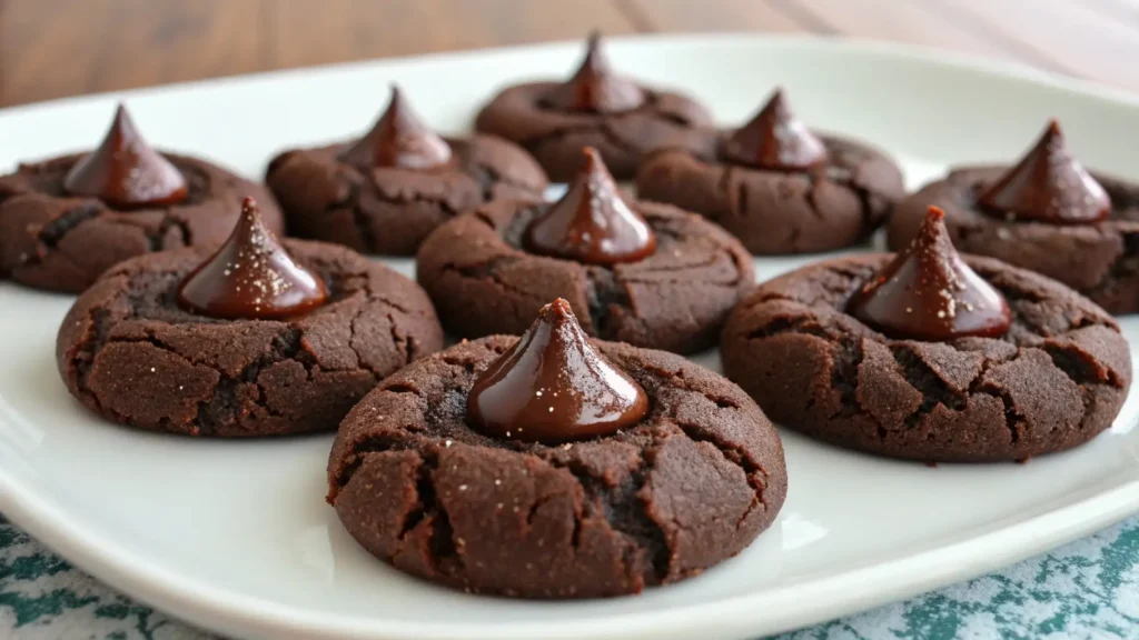 Close-up of freshly baked chocolate blossom cookies topped with a Hershey’s Kiss on a white plate.