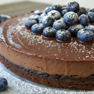 Chocolate Blueberry Cake That Will Make Your Day Better 4 Close-up of a chocolate blueberry cake topped with fresh blueberries and a dusting of powdered sugar.
