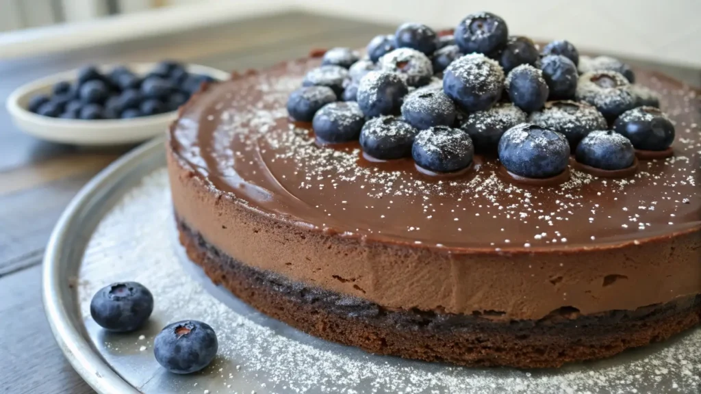 Delicious chocolate blueberry cake topped with fresh blueberries and powdered sugar, displayed on a silver platter.