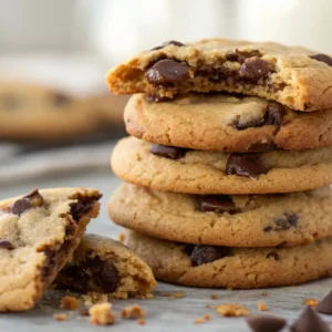 Chocolate Chip Cookies Without Brown Sugar Irresistibly Easy 4 A stack of golden-brown chocolate chip cookies with one broken open to reveal the gooey melted chocolate chips inside. The cookies are arranged neatly with crumbs scattered around.