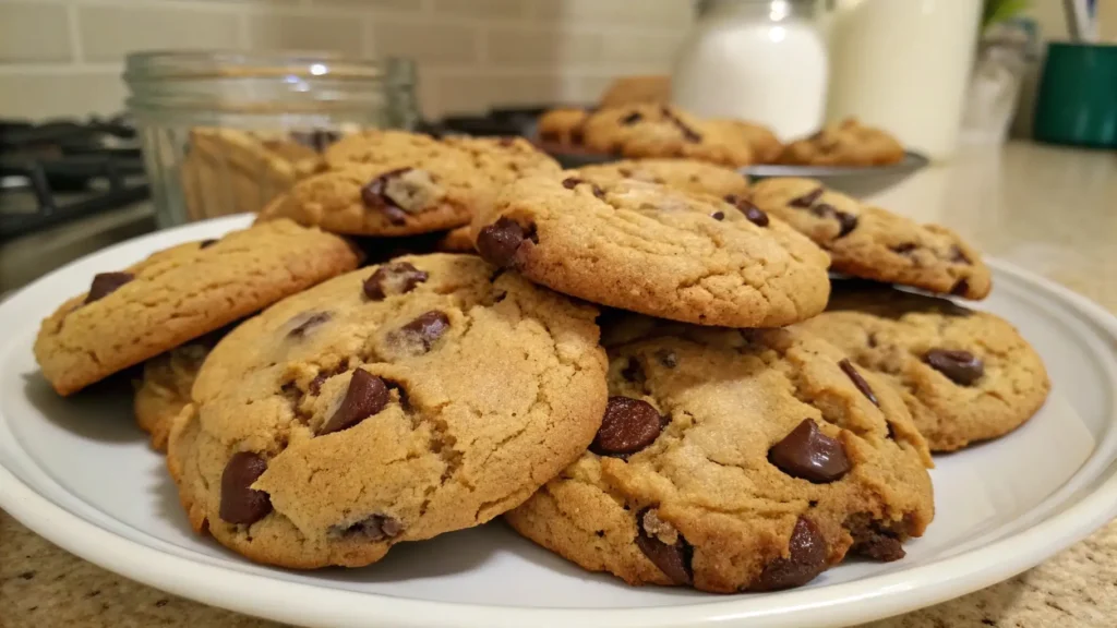 Chocolate Chip Cookies Without Brown Sugar Irresistibly Easy 3 A plate of freshly baked chocolate chip cookies stacked together, showing their golden-brown texture with visible melted chocolate chips. In the background, there's a jar and bottles of milk, creating a cozy kitchen setting.