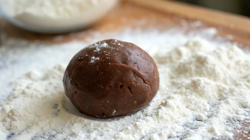 Close-up of chocolate cookie dough ball sitting on a surface dusted with flour.