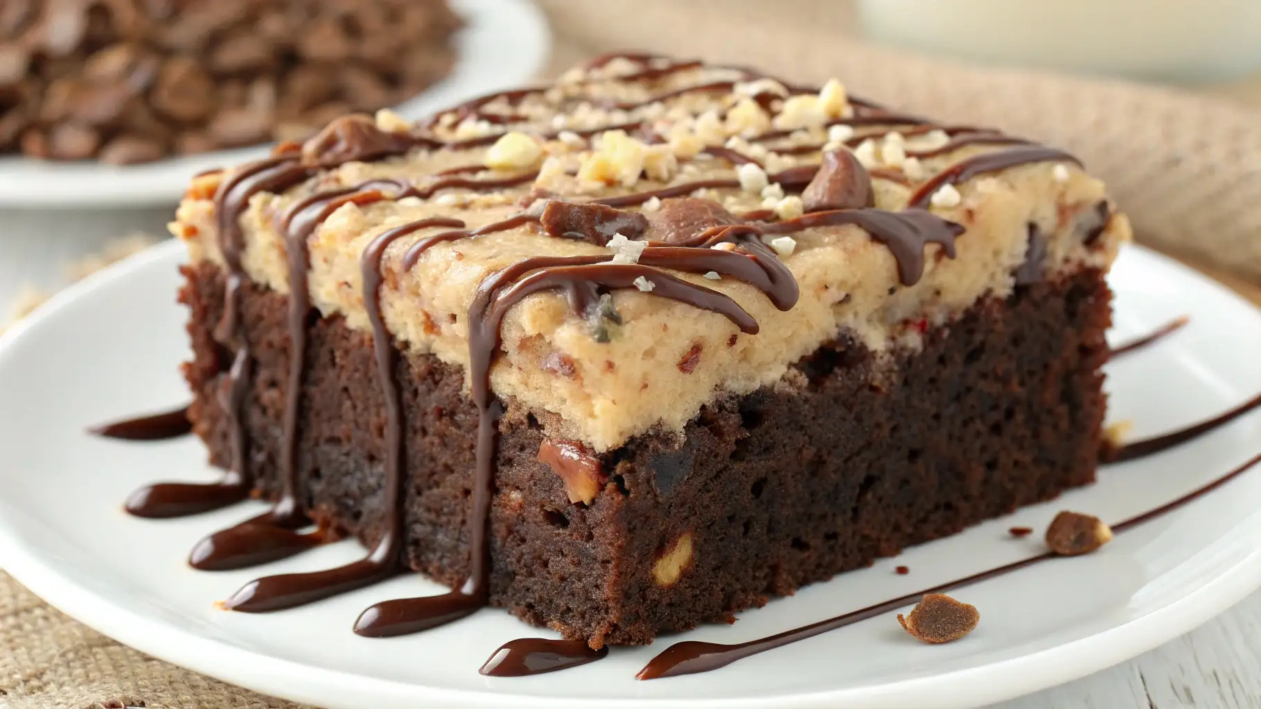 A close-up shot of a decadent German Chocolate Poke Cake with a rich, gooey coconut-pecan topping drizzled with chocolate syrup on a white plate.