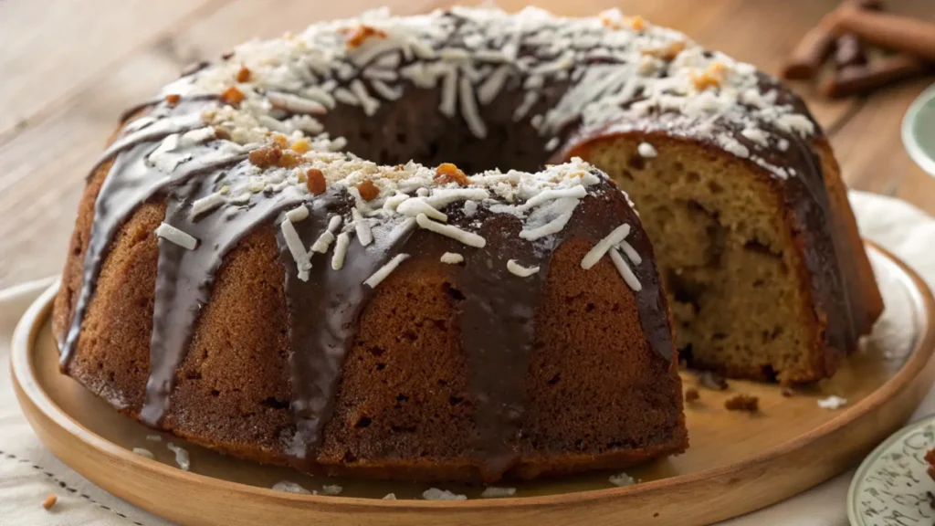 A delicious German Chocolate Pound Cake topped with a glossy chocolate glaze, shredded coconut, and crushed pecans. The cake is beautifully sliced, revealing its tender, moist interior.