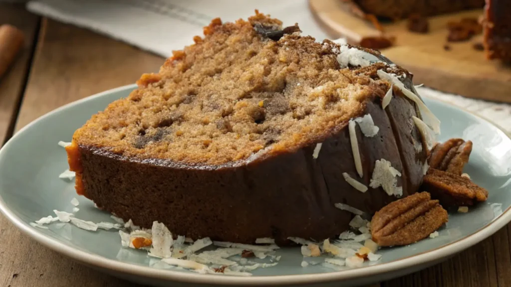 A slice of German Chocolate Pound Cake topped with shredded coconut and pecans, served on a light blue plate. The moist cake has a rich chocolate flavor, and the texture is slightly visible in the middle.