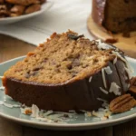 A close-up shot of a slice of German Chocolate Pound Cake, topped with chocolate glaze, shredded coconut, and pecans, served on a light blue plate.