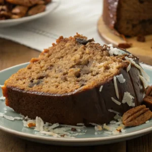 A close-up shot of a slice of German Chocolate Pound Cake, topped with chocolate glaze, shredded coconut, and pecans, served on a light blue plate.