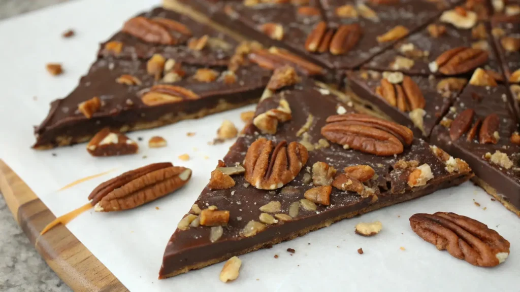 Close-up of pecan pie bark with rich chocolate, toasted pecans, and caramelized toppings on parchment paper, showing broken pieces and rustic texture.