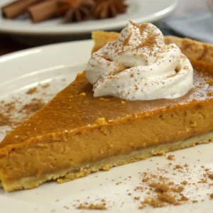 A close-up slice of pumpkin pie topped with whipped cream and a sprinkle of cinnamon, served on a plate with a golden crust.