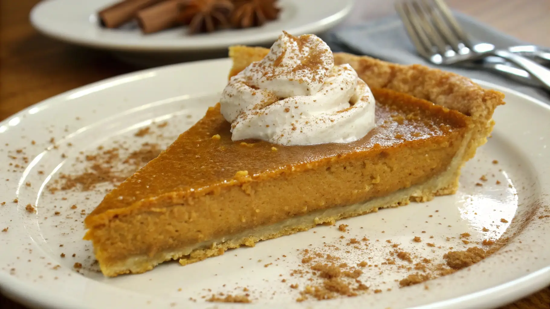 A slice of pumpkin pie topped with whipped cream and a sprinkle of cinnamon, served on a plate with a golden crust and smooth, creamy filling.
